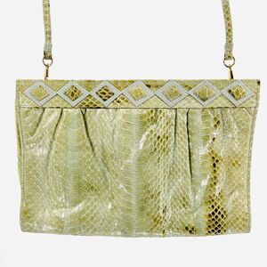 Vintage 70s 80s Diamond Green Cream Snakeskin Leather Geometric Crossbody Bag